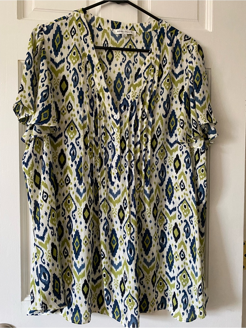 Rose & Olive White Blouse with Navy & Olive Ikat Print